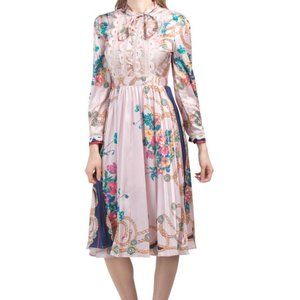 Long Sleeve Printed Pleated Midi Dress